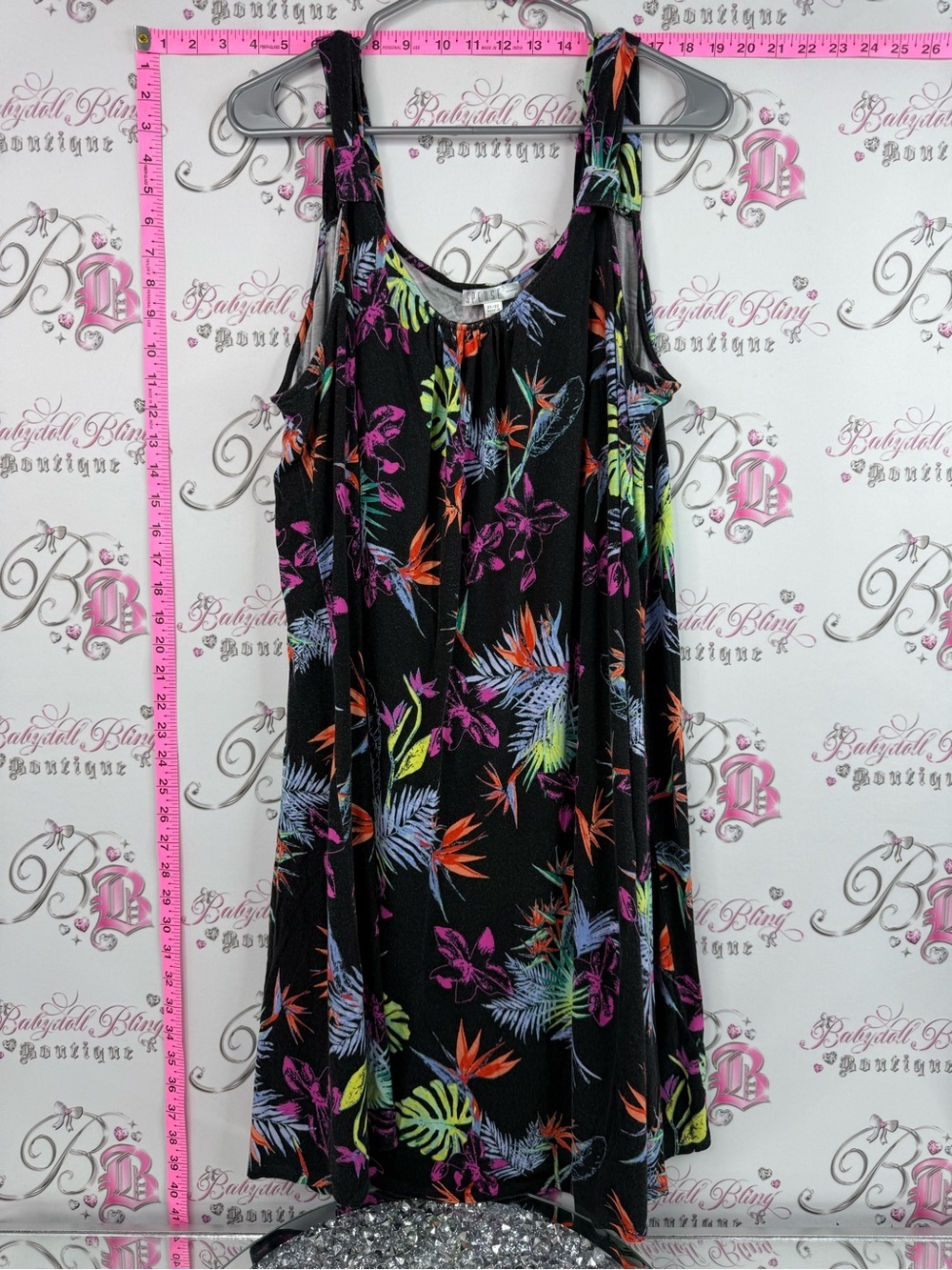 Spense dress tropical neon flowers Black Midi Dress with Neon Floral Print